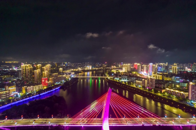 江西赣州章江飞龙大桥夜景灯光航拍延时