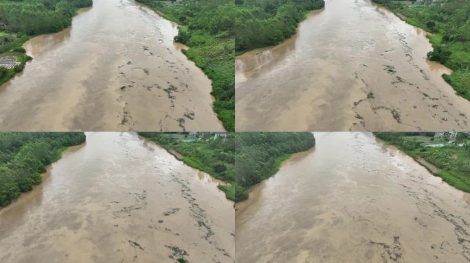 暴雨过后的乡村河流浑浊河水黄色水流航拍河