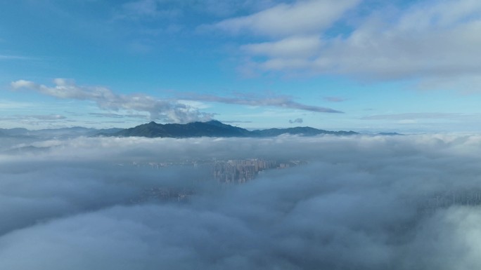 航拍清晨在城市上空的云海