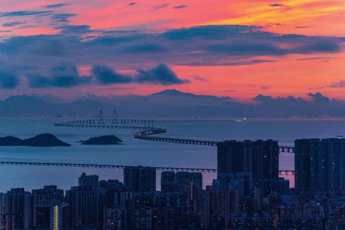 港珠澳大桥朝霞日出延时