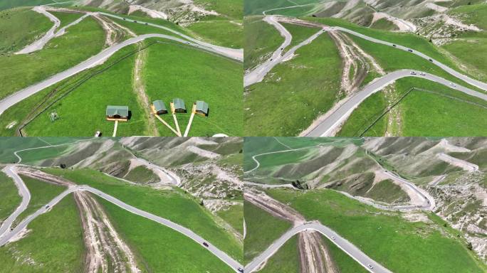 夏季新疆伊犁特克斯县阿克塔斯草原山的公路