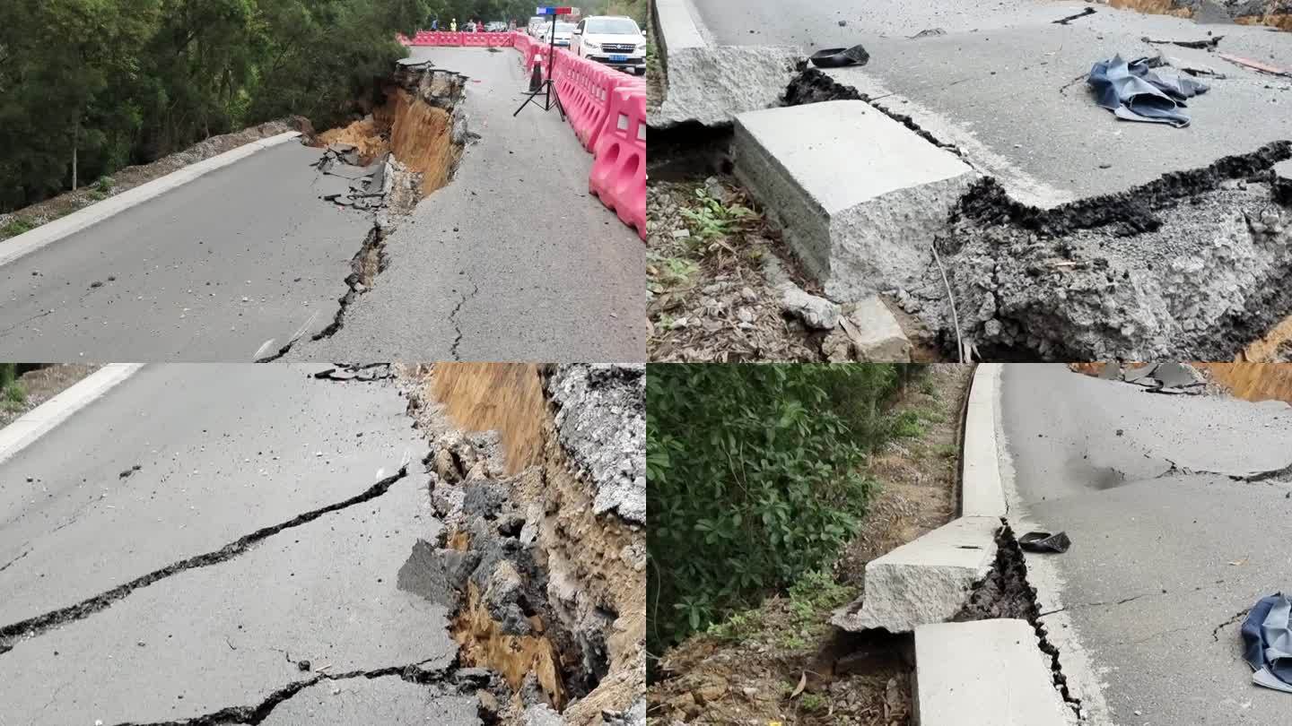 地震灾害现场实拍地裂道路塌陷地裂地陷破碎