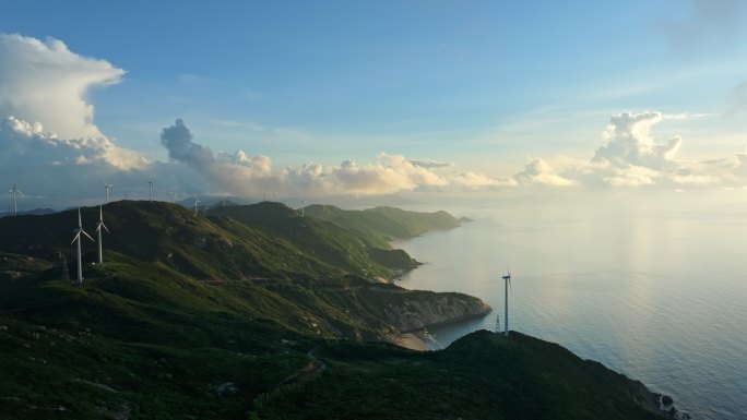 4K 海岛风车山风力发电绿色清洁能源航拍