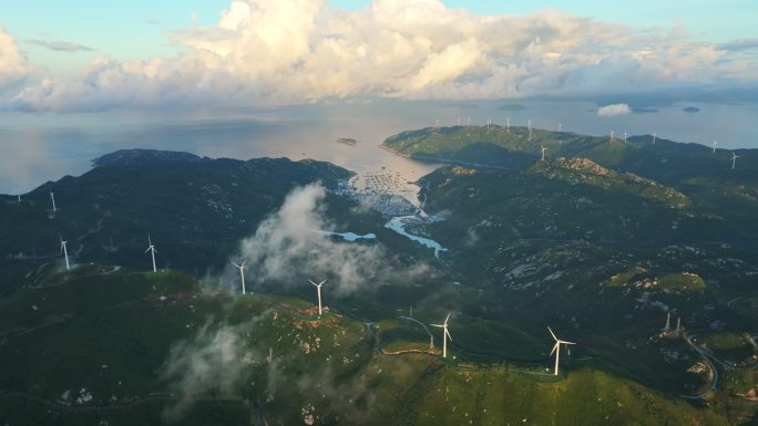 4K 海岛风车山风力发电绿色清洁能源航拍