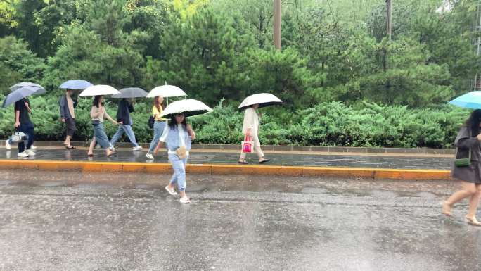 雨天形形色色的工薪族撑伞上班
