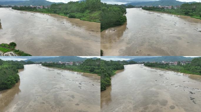 暴雨过后的乡村河流浑浊河水黄色水流航拍河