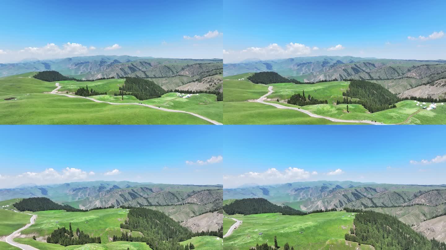 新疆伊犁州特克斯县阿克塔斯大草原公路航拍