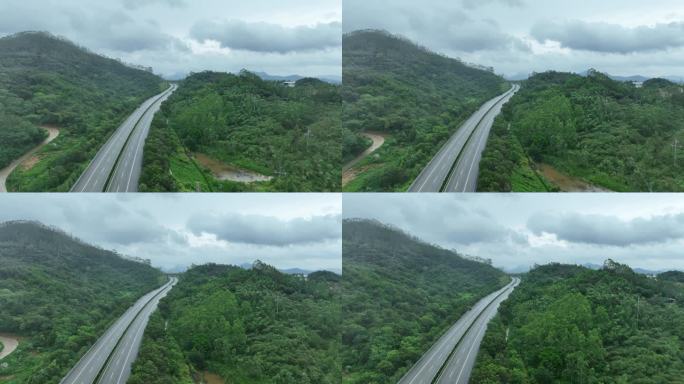 下雨天高速公路航拍阴天森林雨后公路树林
