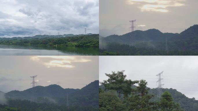 4k高压电网 电塔 山区雨后云雾延时