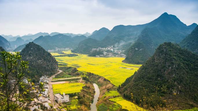 贵州兴义万峰林油菜花田航拍延时素材