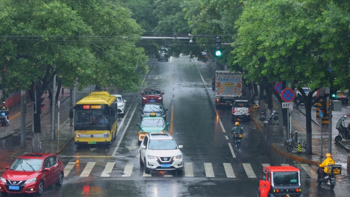 下雨城市车辆行人暴雨大雨外卖天桥绿灯行人