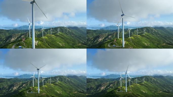 4K 海岛风车山风力发电绿色清洁能源航拍