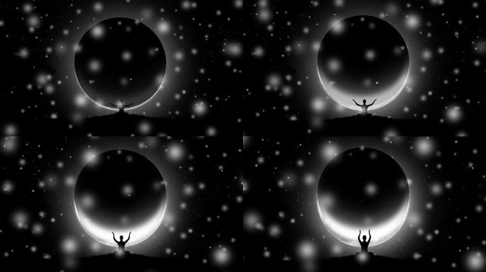 在大自然中，一个人在晚上以莲花的姿势冥想，双臂交叉在头顶，背景是星空，飞行的灯光和月食。视频动画4k