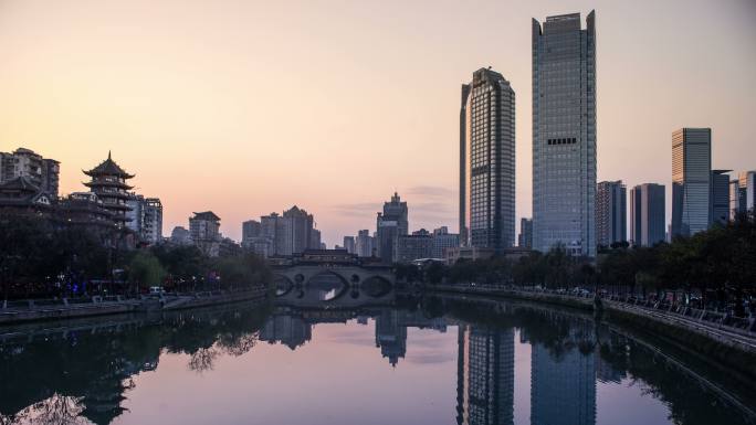 成都府南河廊桥夜景延时素材