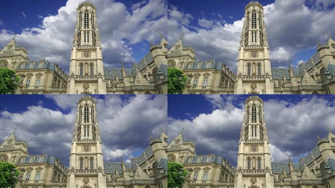 伟大的哥特式教堂圣日耳曼欧塞尔罗伊斯(在天空与云的背景下，4K，延时)，巴黎，法国