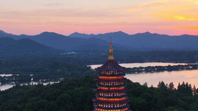 中国杭州西湖雷峰塔日落 西湖十景雷峰夕照