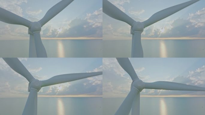 鸟瞰风力发电机领域的能源生产与蓝色晴朗的天空