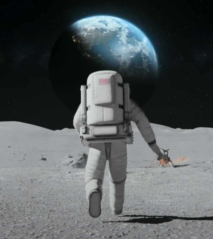 宇航员探索月球。遥远的地球在天空中，覆盖着岩石。第一位登上月球的宇航员。月球车和基站。先进技术，太空