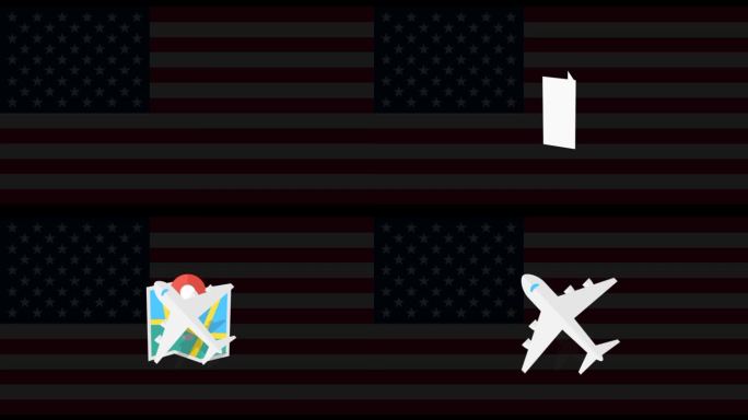 红色行李箱图标，飞机图标和地图动画图标在美国Vingette旗世界旅游概念动画视频世界之旅