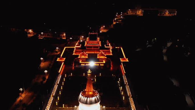 藏传寺庙塔公寺夜景航拍