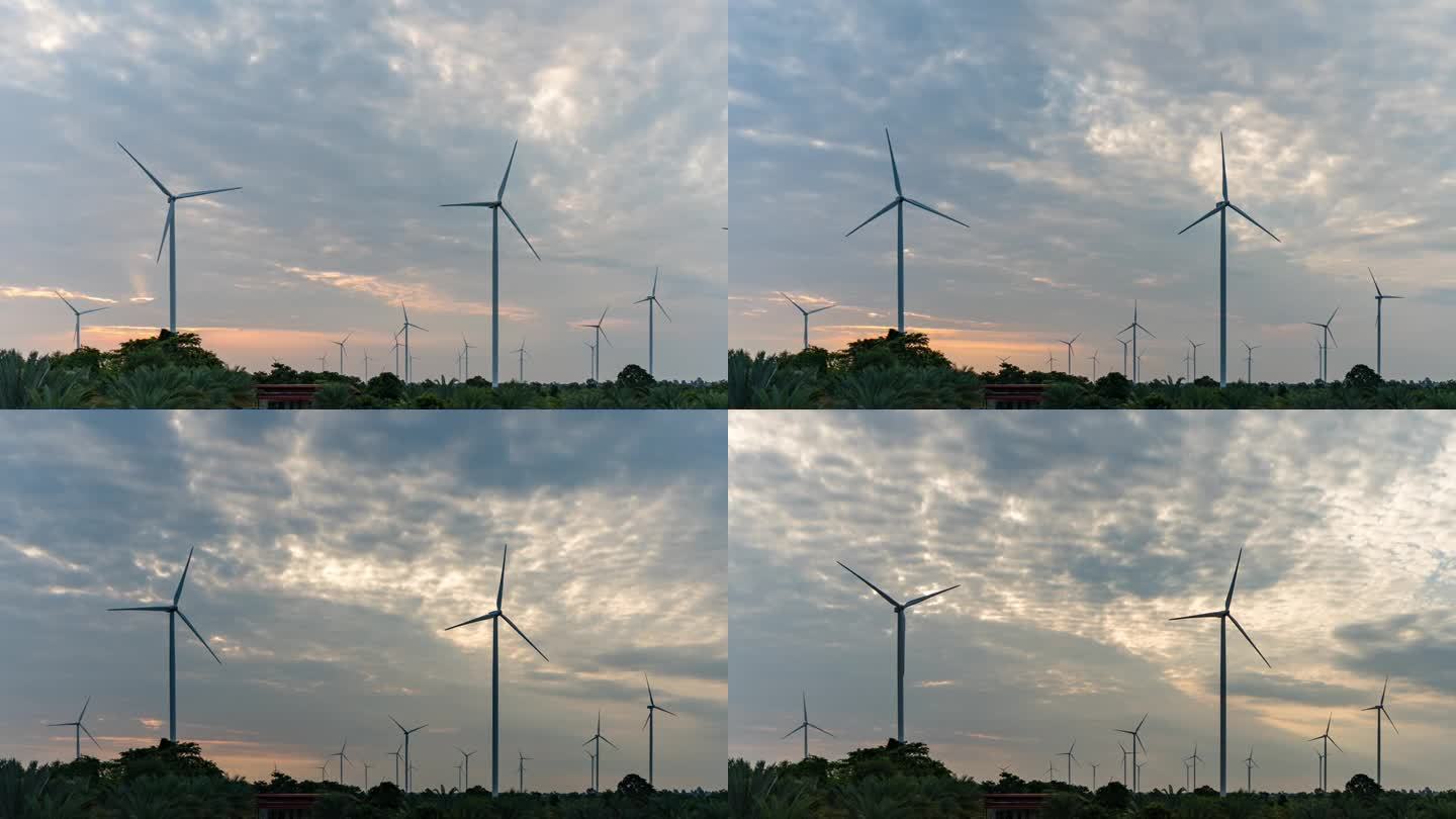 日出时的风力涡轮机农场，延时视频