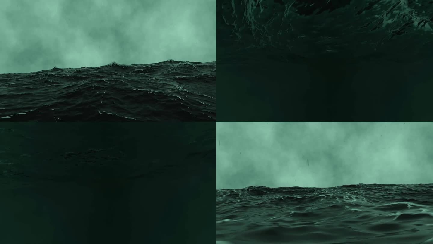 3D 4k动画。惊涛骇浪，大海大浪。摄像机进入水下。风暴中的海浪。黑暗的天空。下雨了