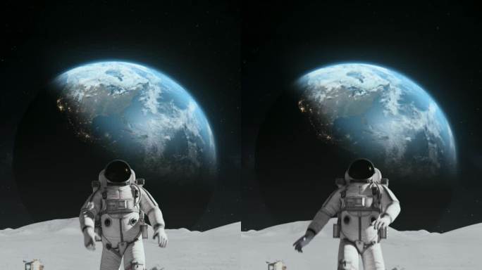 宇航员探索月球。遥远的地球在天空中，覆盖着岩石。第一位登上月球的宇航员。月球车和基站。先进技术，太空