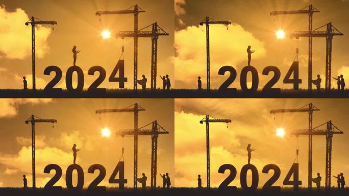 在施工现场一起工作的工程师们用起重机组装2024号牌的剪影