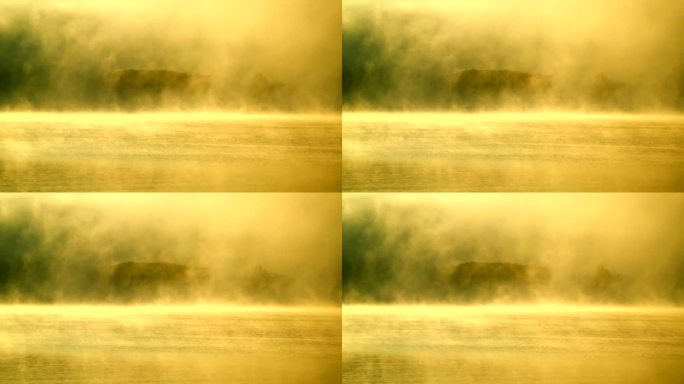 川口湖的晨雾金色湖面烟波浩渺烟雾缭绕