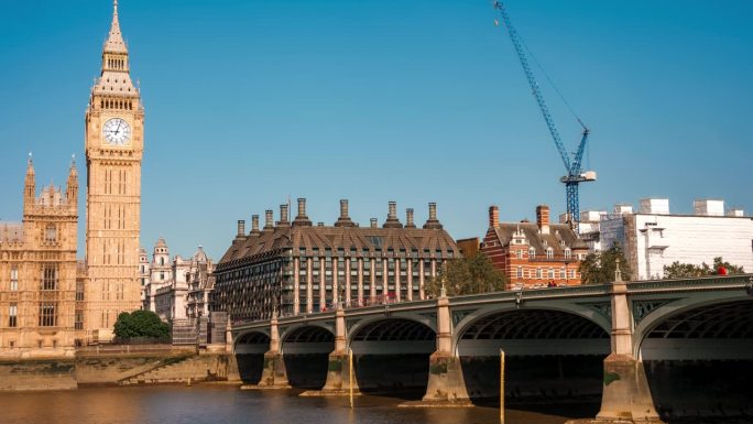 延时拍摄的伦敦日落大本钟的标志性建筑。