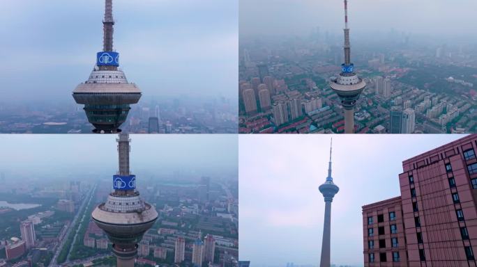 城市宣传天津地标天塔大气航拍云雾穿云