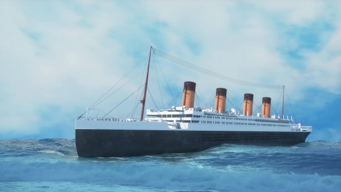 泰坦尼克号在海洋上航行的历史重建3d渲染