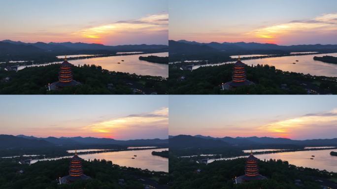 中国杭州西湖雷峰塔日落 西湖十景雷峰夕照