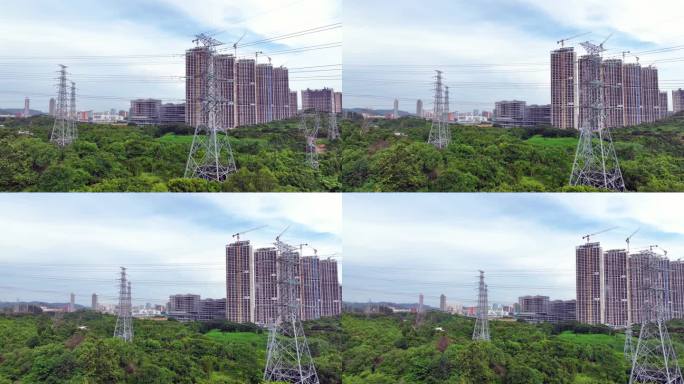 航拍城市工业用电高压电塔铁塔电能