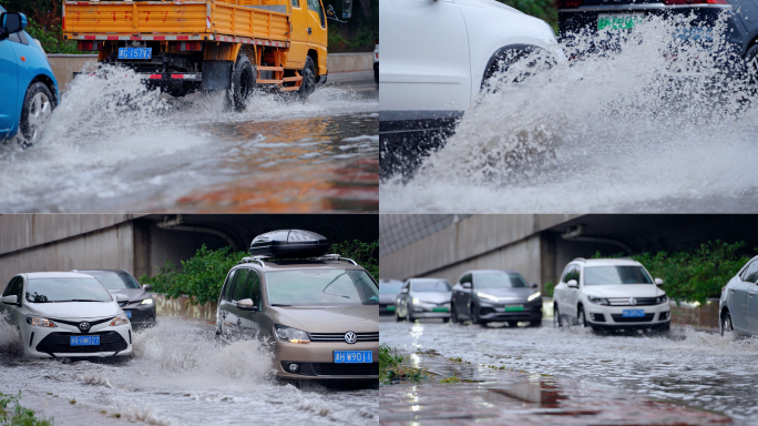 暴雨后城市道路积水中行驶的车辆