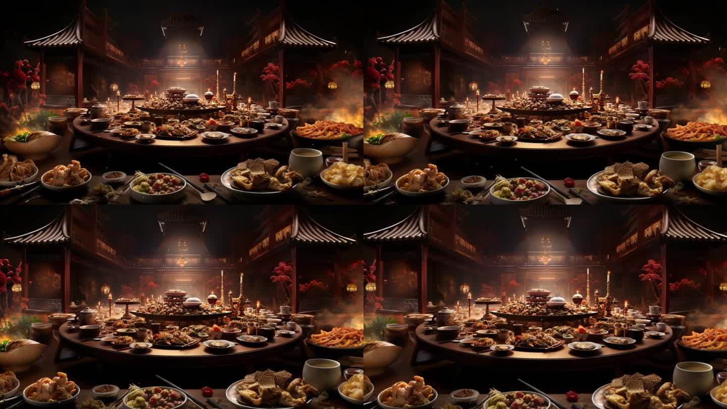 中国传统美食年夜饭满汉全席大屏背景