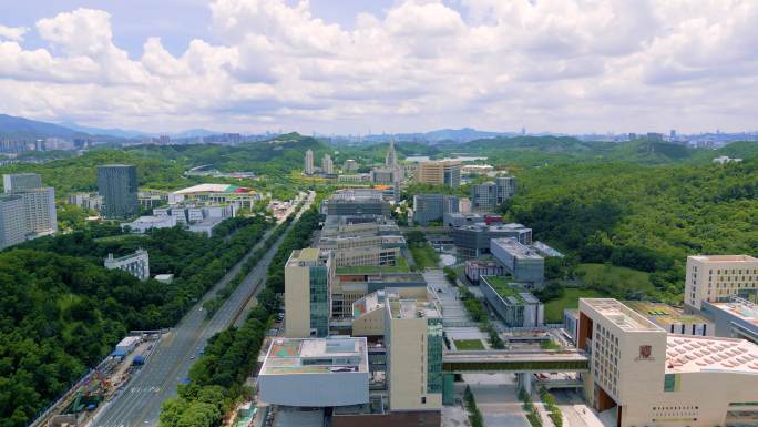 航拍深圳龙岗大运大学城校园环境，城市风景