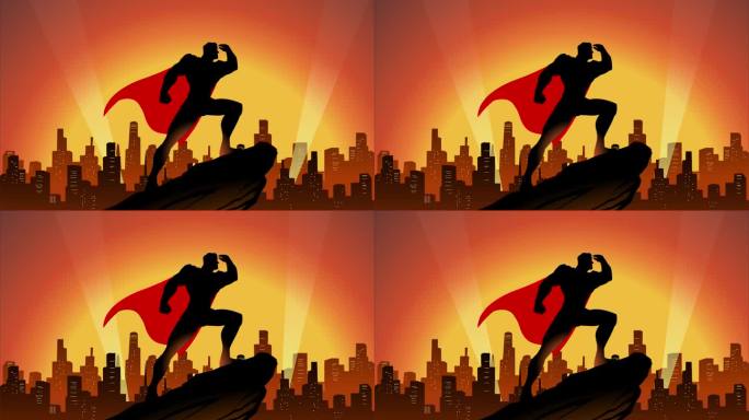 循环卡通超级英雄剪影看着远处的城市动画库存视频