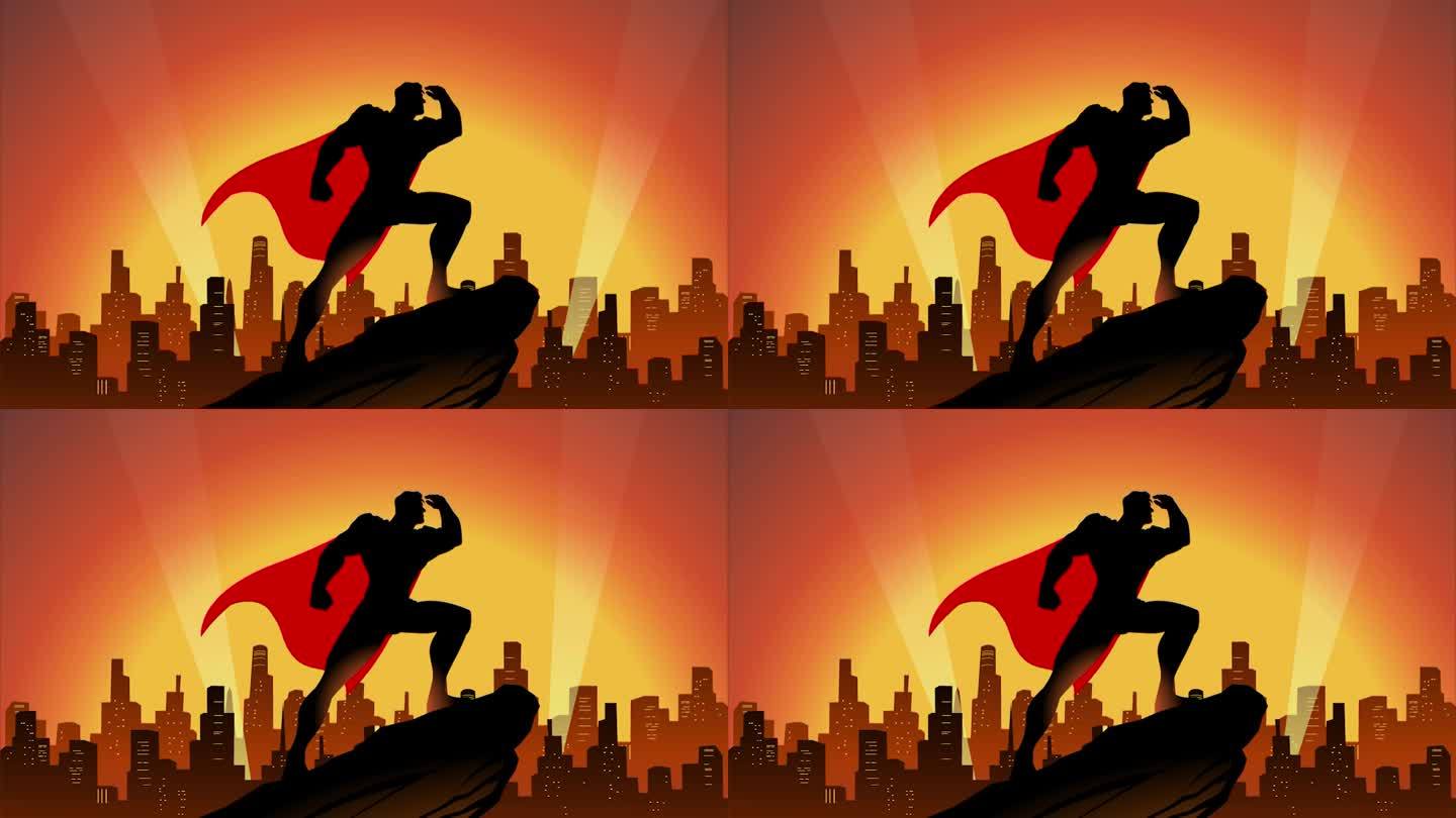 循环卡通超级英雄剪影看着远处的城市动画库存视频