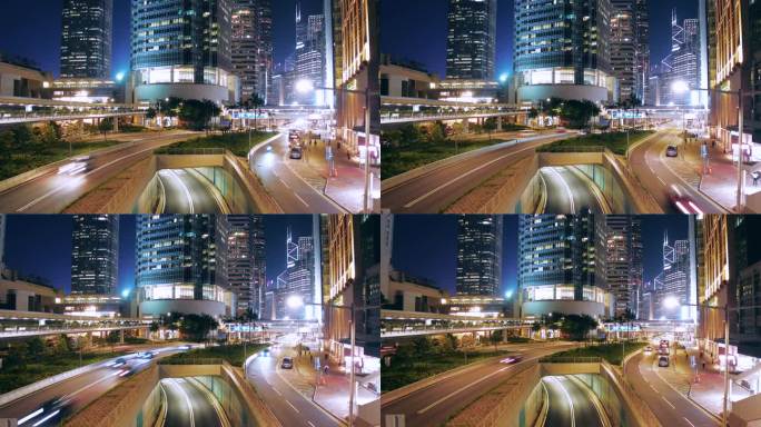 香港城市商业区的夜景，有交通信号灯