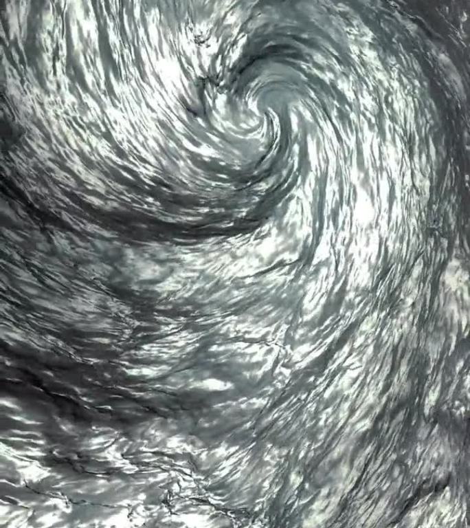 液体漩涡循环动画。黑白螺旋流。垂直格式。