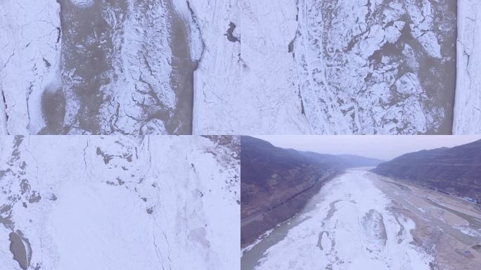 河水结冰航拍，河水解冻，流水潺潺