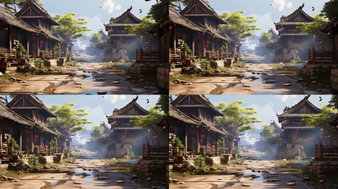 明清古代乡村小镇民居场景大屏