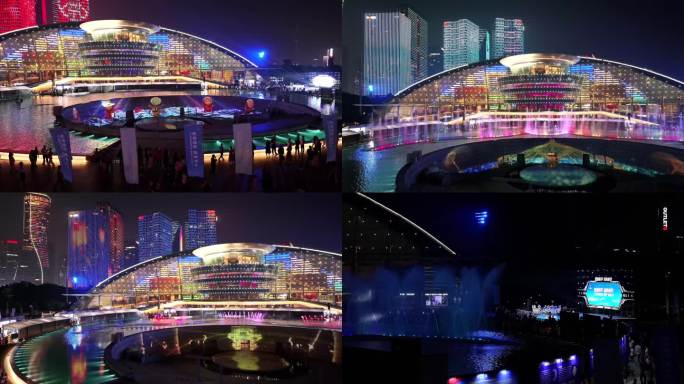 航拍杭州城市阳台杭州大剧院音乐喷泉