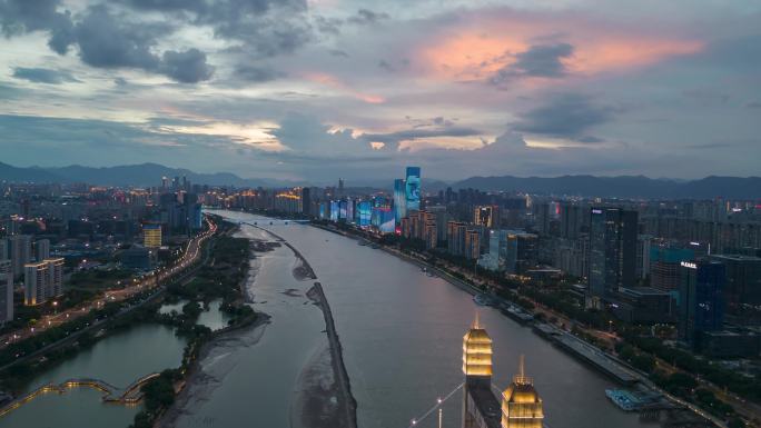 航拍福州日落福州晚霞福州夜景闽江日落晚霞