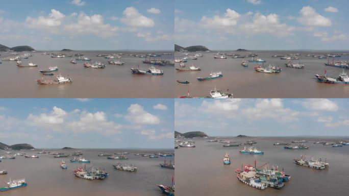 浙江嵊泗岛屿渔船回港出海海边航拍