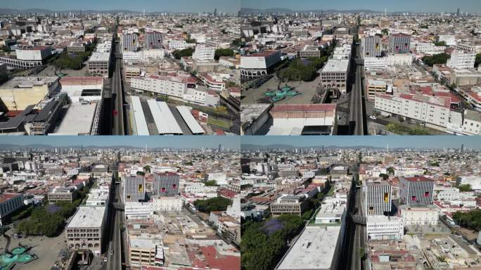 无人机的视角:瓜达拉哈拉市中心米格尔·伊达尔戈大道的鸟瞰图