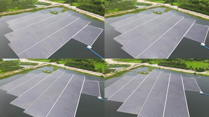 漂浮的太阳能电池发电厂用太阳能电池在湖面上发电，航拍视频