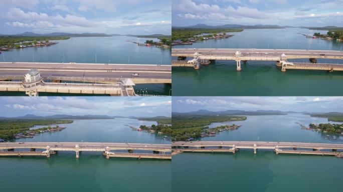 鸟瞰图Sarasin桥道路运输背景概念。这座桥是泰国攀牙岛和普吉岛之间的桥梁，在商业和交通运输方面是