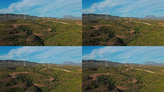 上午风力涡轮机农场的鸟瞰图。高品质的4k画面。